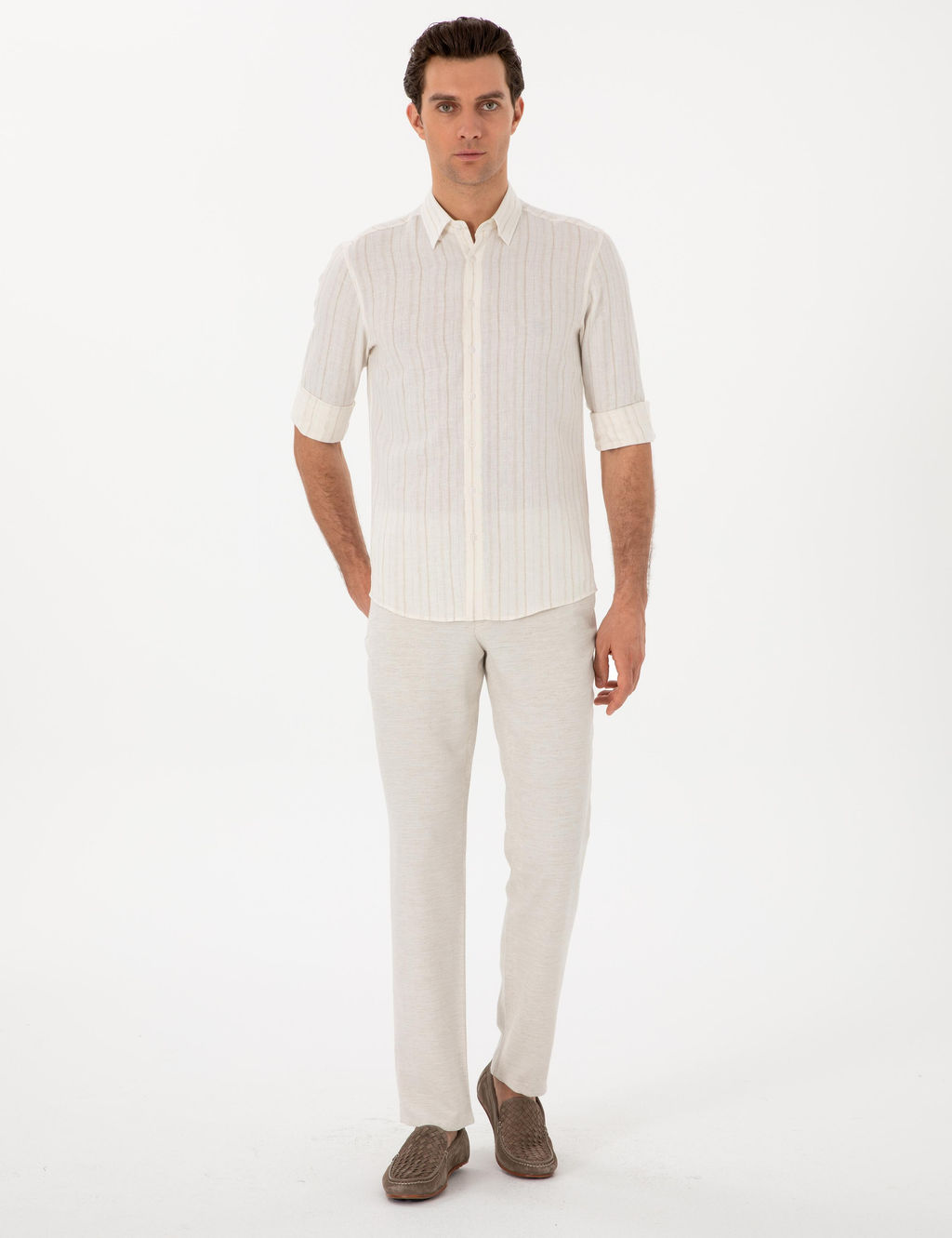 Bej Slim Fit _izgili Keten Kar___ml_ G_mlek