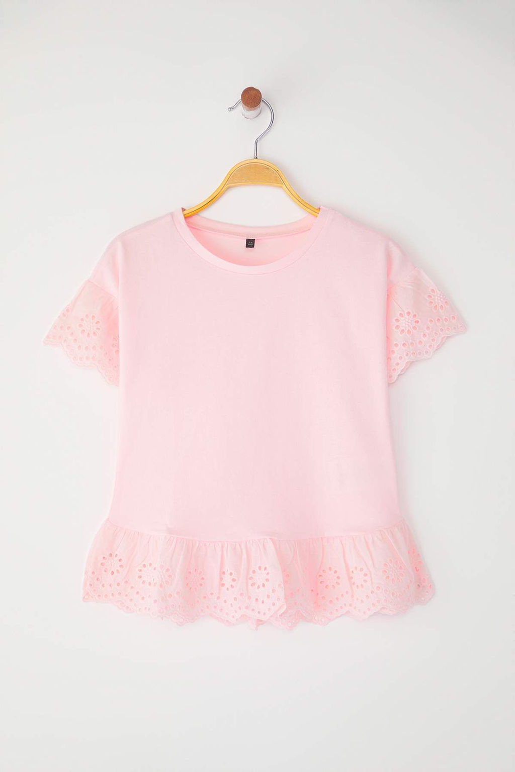 Ekru K?z Cocuk %100 Pamuk Brode Detayl? K?sa Kol Orme T-Shirt/Bluz TKDSS24TS00008