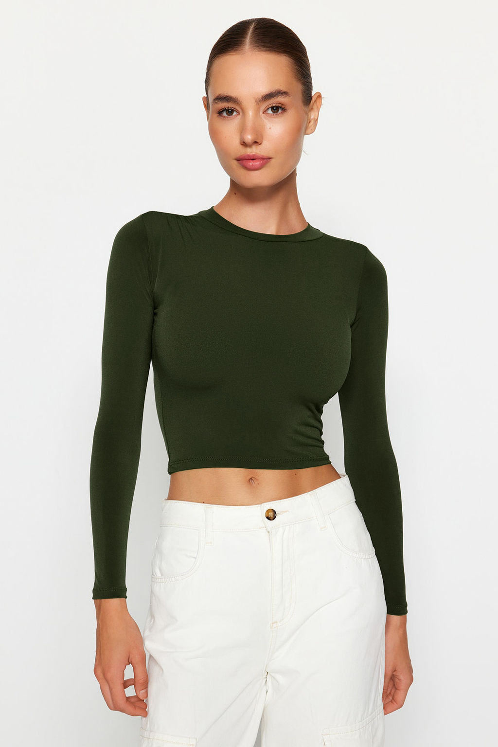Trendyolmilla Bordo Dik Yaka Fitted/Vucuda Oturan Uzun Kol Buzgulu Esnek Orme Bluz TWOAW23EL01391  фото 4