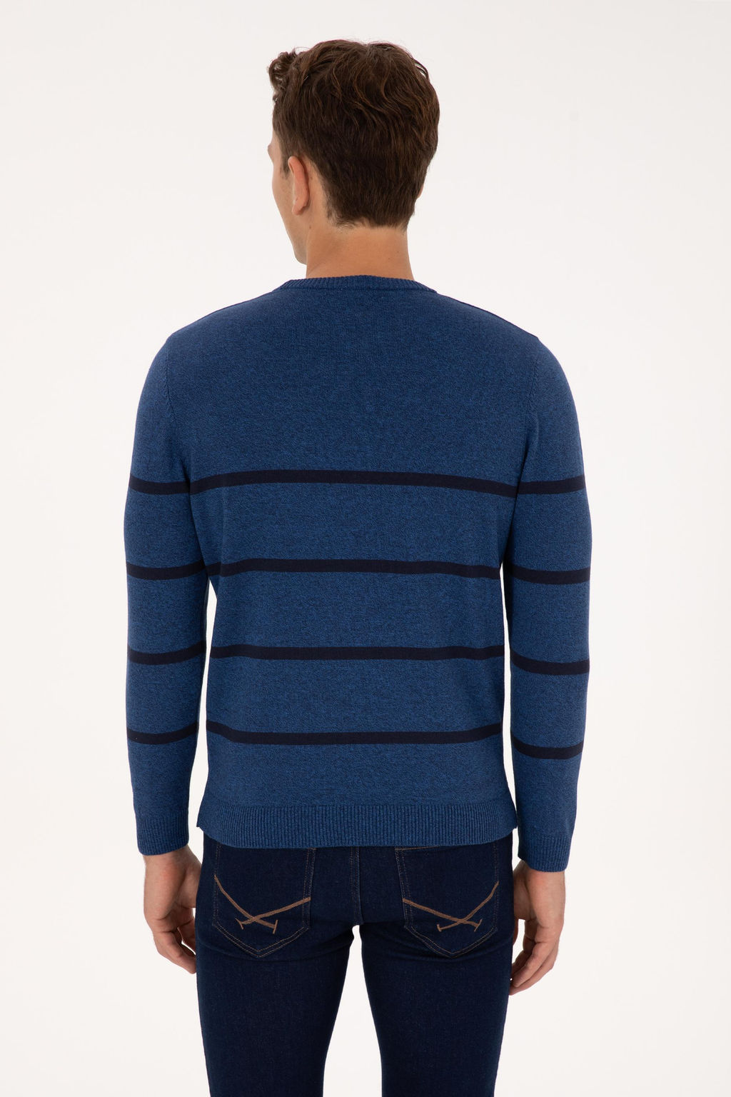 Erkek Slim Fit Bisiklet Yaka _izgili A__k Lacivert Kazak - U.s. polo assn фото 5