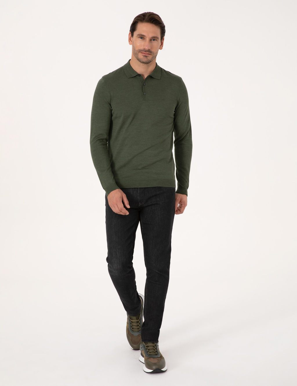 Haki Slim Fit Y_n Kar___ml_ Polo Yaka Basic Triko Kazak - Cacharel фото 4