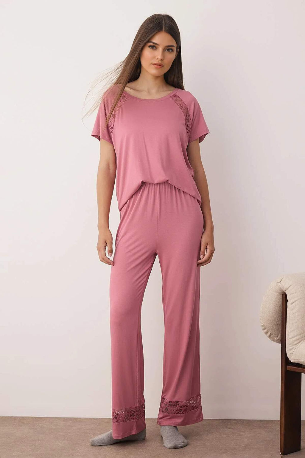Gul Kurusu Dantel Detayl? Viskon Orme Pijama Tak?m? THMAW26PT00038