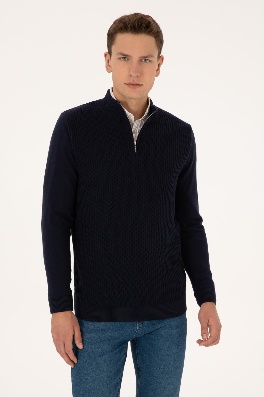 Erkek Slim Fit Yar_m Fermuarl_ Lacivert Kazak
