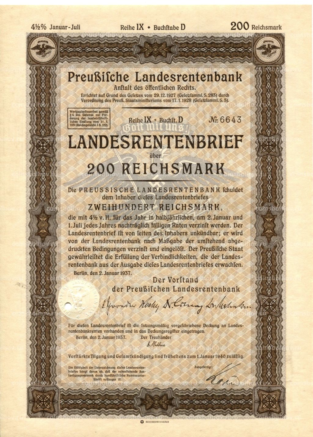Облигация 4,5% 200 рейхсмарок 1937 года Германия