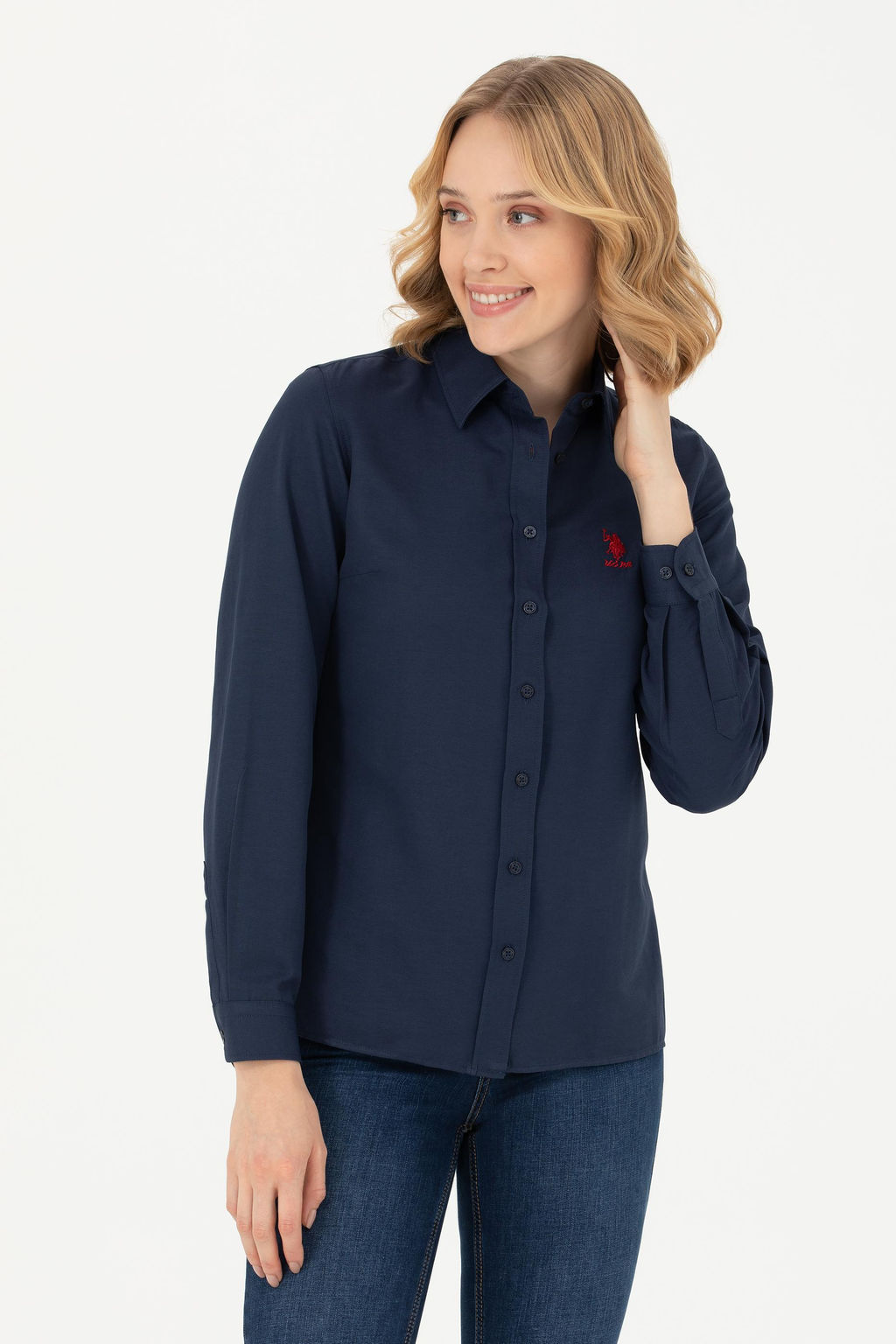 Женская базовая рубашка темно-синего цвета с длинным рукавом - U.s. polo assn фото 15