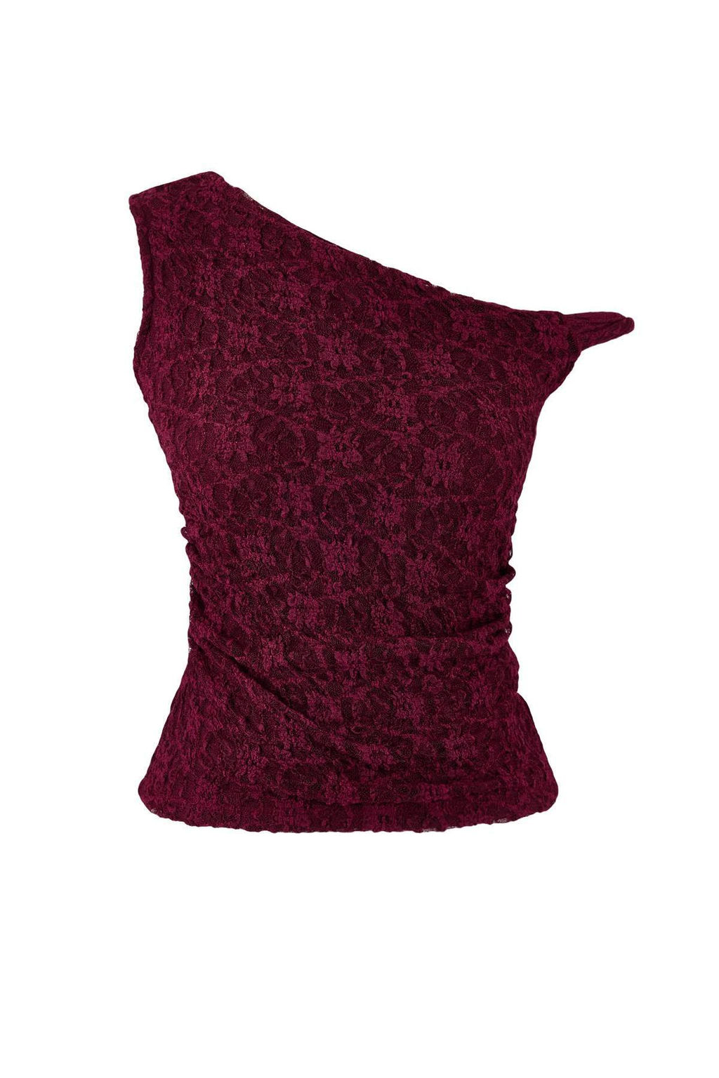 Bordo Fitted/Vucuda Oturan Asimetrik Yaka Dusuk Kol Kolsuz Dantel Orme Bluz TWOSS26BZ00077