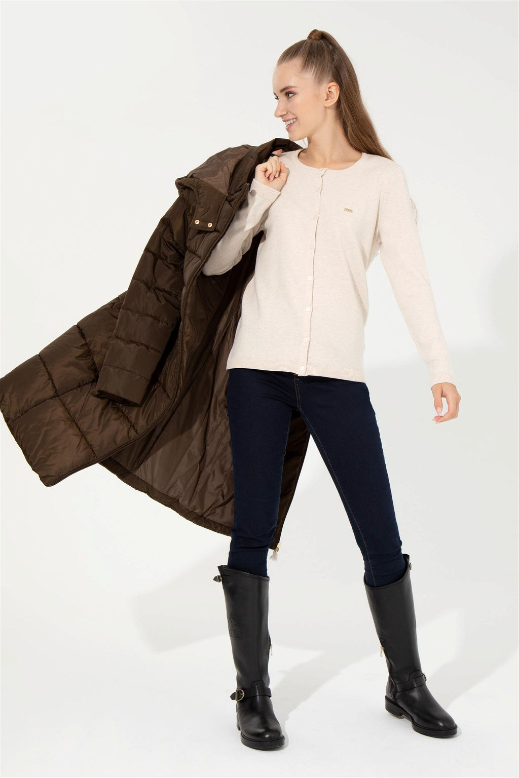 Женский кремовый меланжевый базовый трикотажный кардиган Неожиданная скидка в корзине - U.s. polo assn фото 4