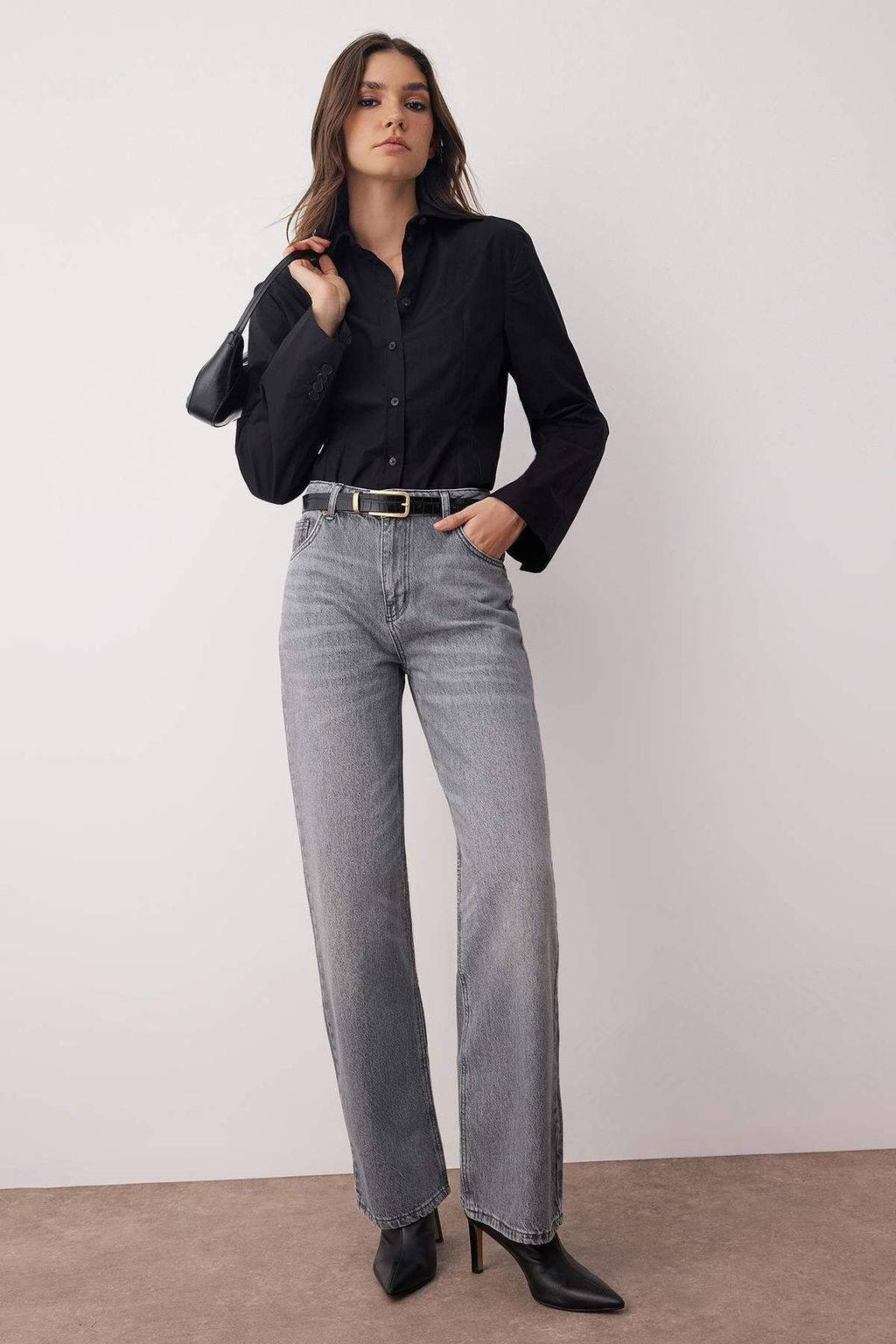 Gri Yuksek Bel Genis Paca Wide Leg Palazzo Jeans TWOAW26JE00066 - Trendyolmilla фото 2