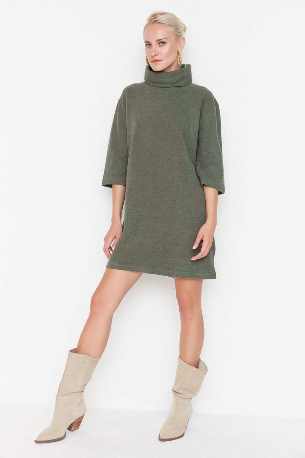 Haki Bal?kc? Yaka Shift/Duz Mini Selanik Uzun Kollu Orme Elbise TWOAW20EL1110