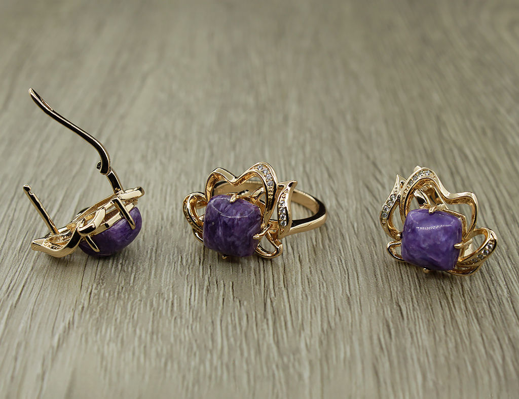 Комплект "Чара-6", чароит, покрытие под золото, размеры кольца: 17, 18, 19, 20