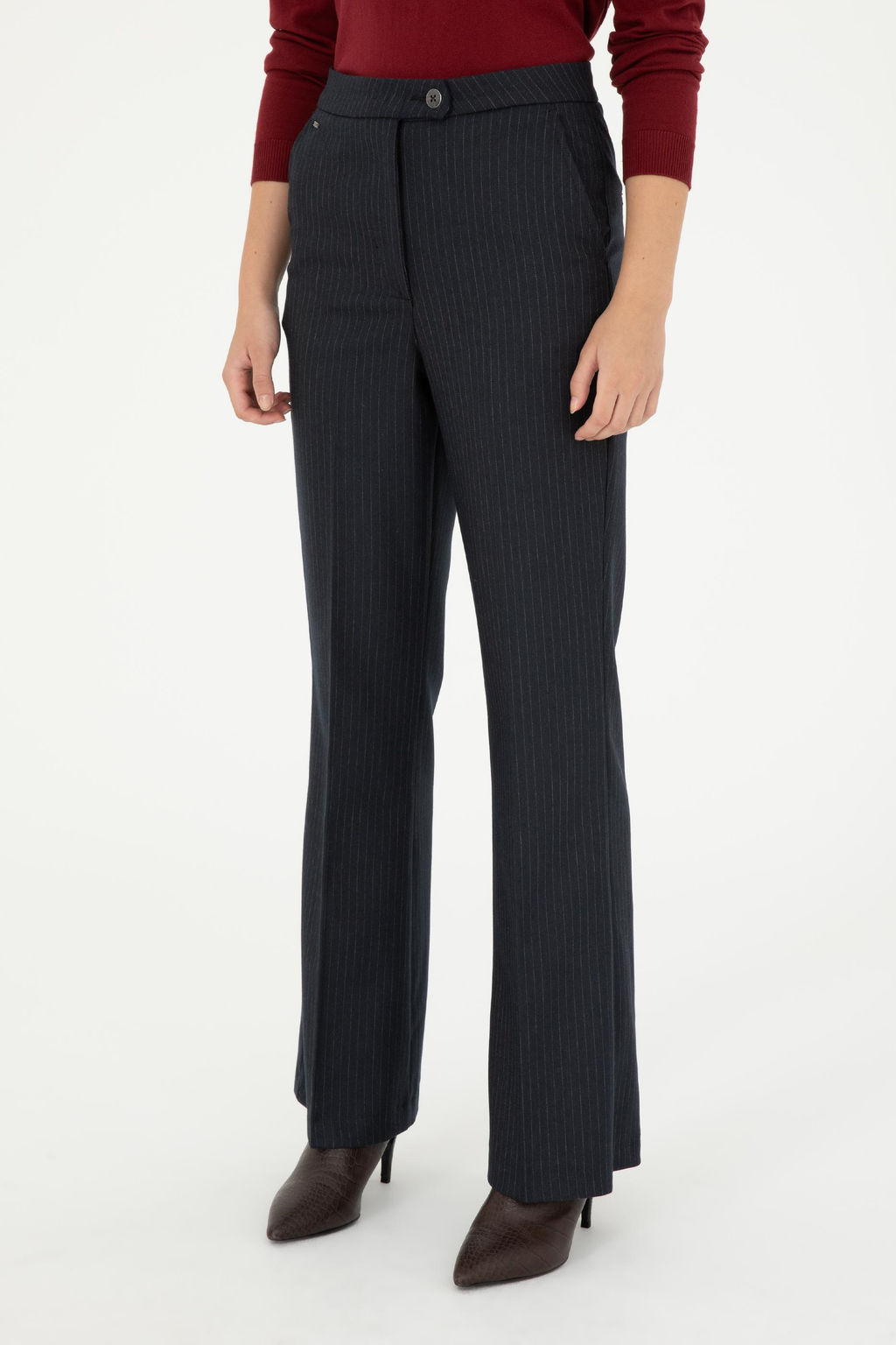 Kad_n Lacivert _izgili Slim Flare Fit Kanvas Pantolon