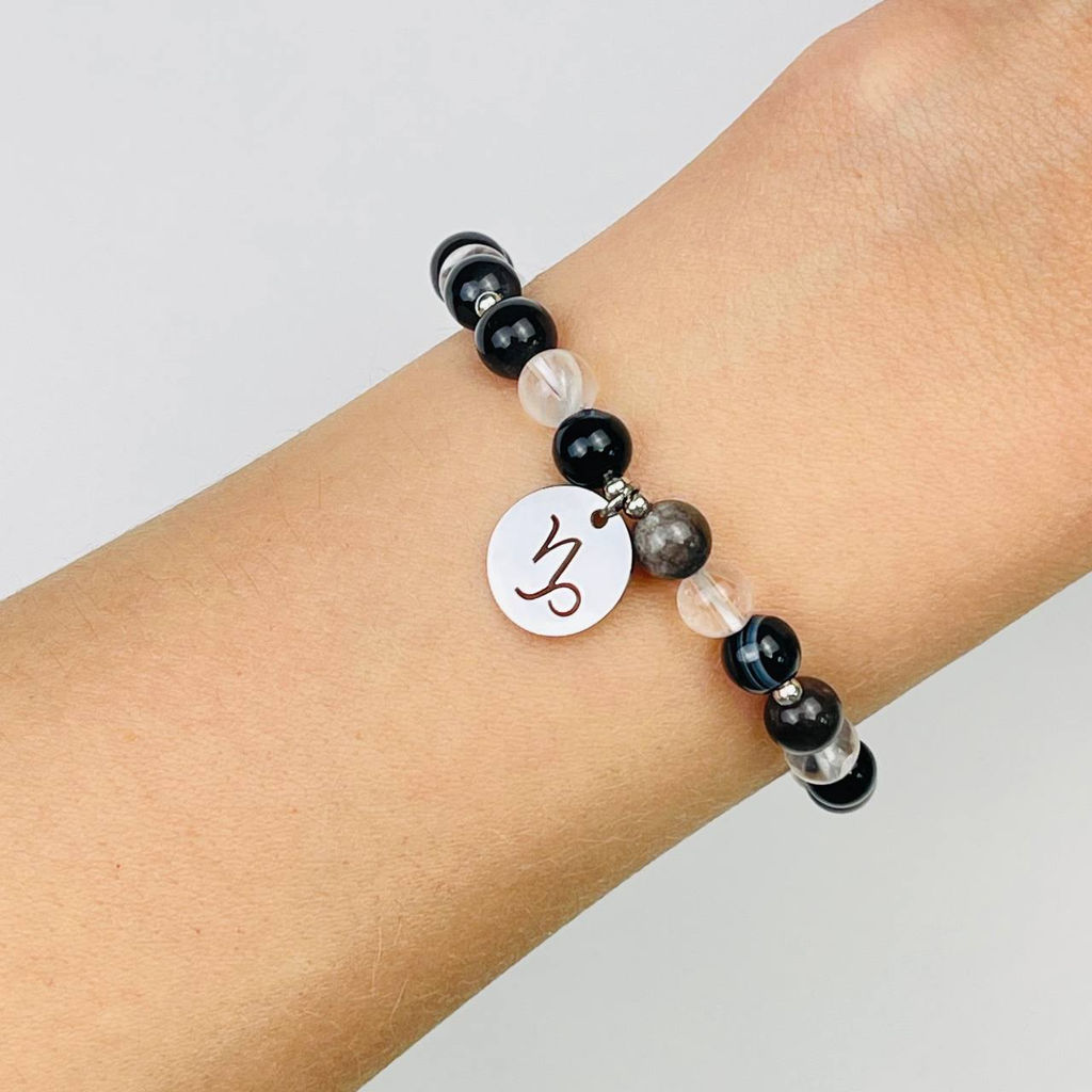 Браслет для Козерога из Агата,Горного Хрусталя и Обсидиана