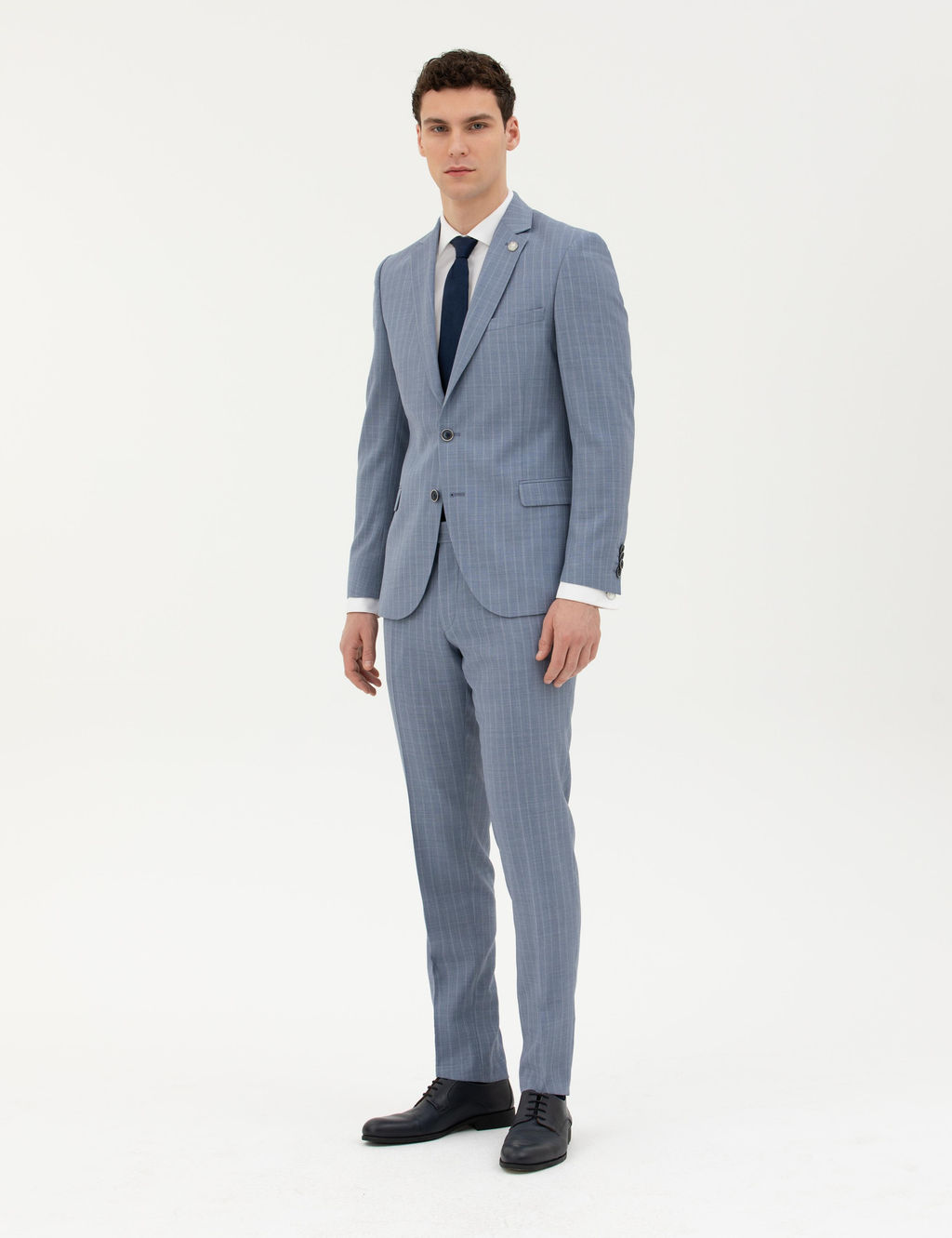 Koyu Mavi Ex. Slim Fit %100 Y_n _izgili Tak_m Elbise
