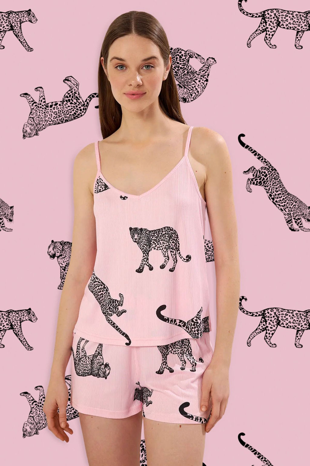 Trendyolmilla Pembe Hayvan Desenli Ip Ask?l? Fitilli Sortlu Orme Pijama Tak?m? THMSS25PT00094 фото 10