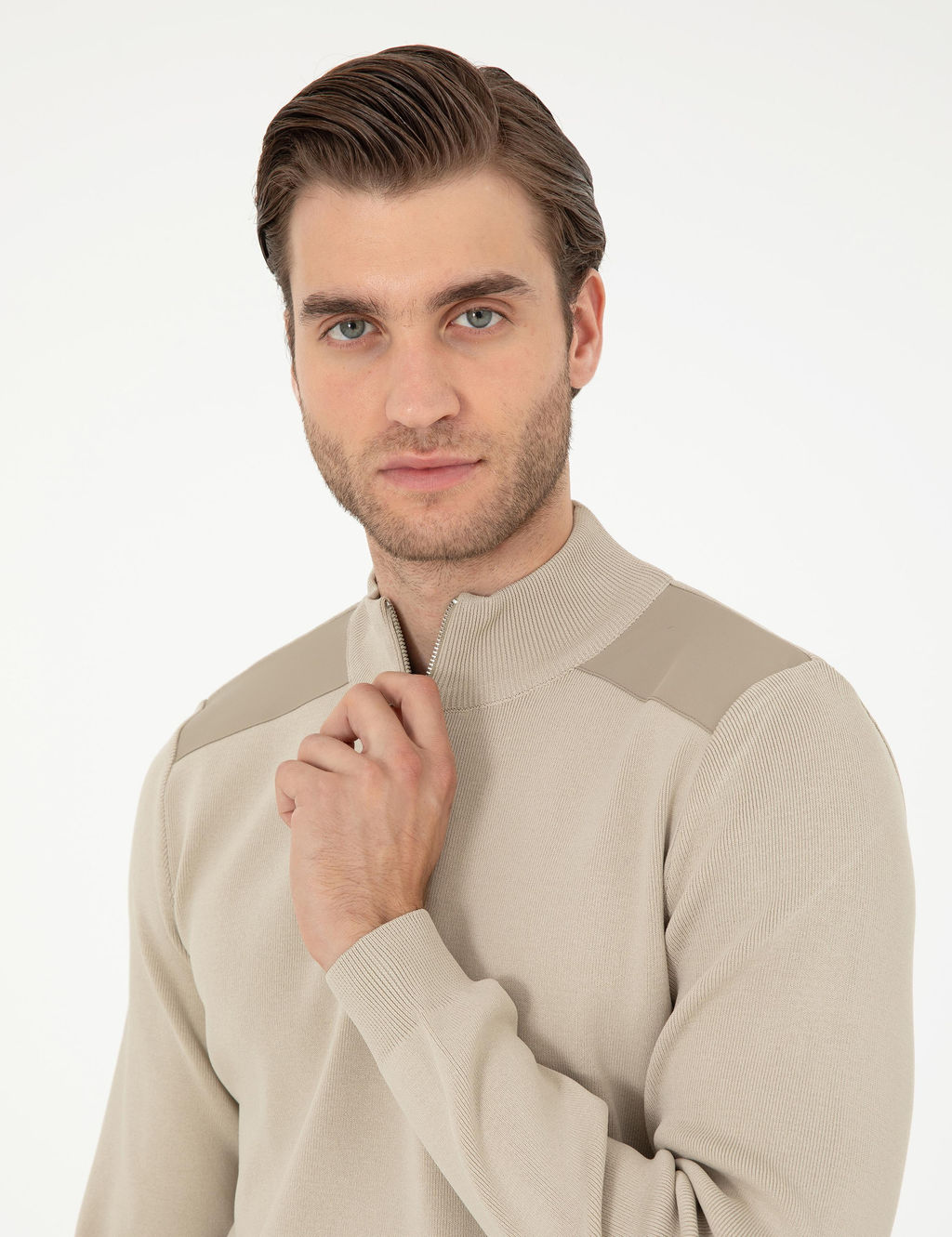 Bej Regular Fit Fermuarl_ Dik Yaka Triko Kazak - Pierre cardin фото 2