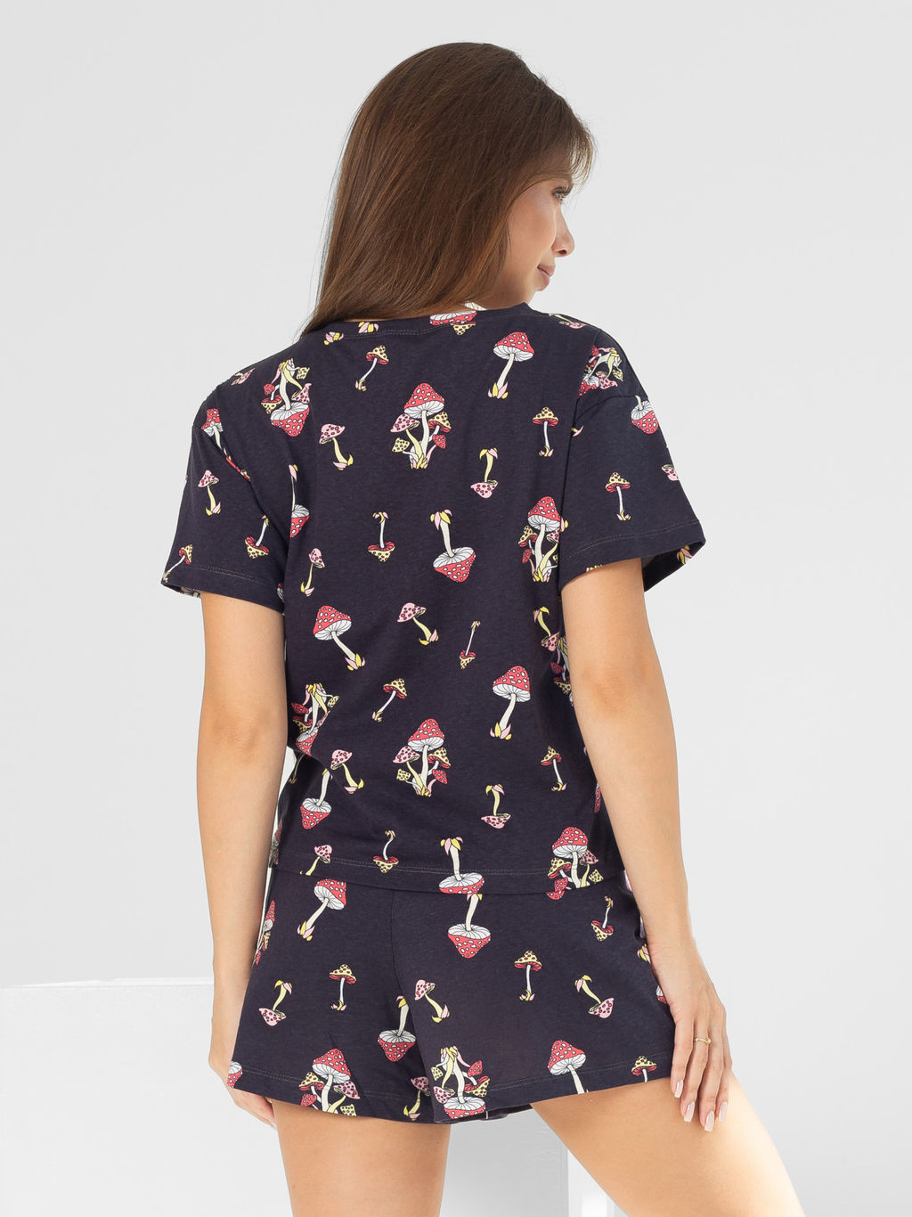 Пижама женская кулирка с шортами "ГРИБОЧКИ" ЧЕРНИЛО