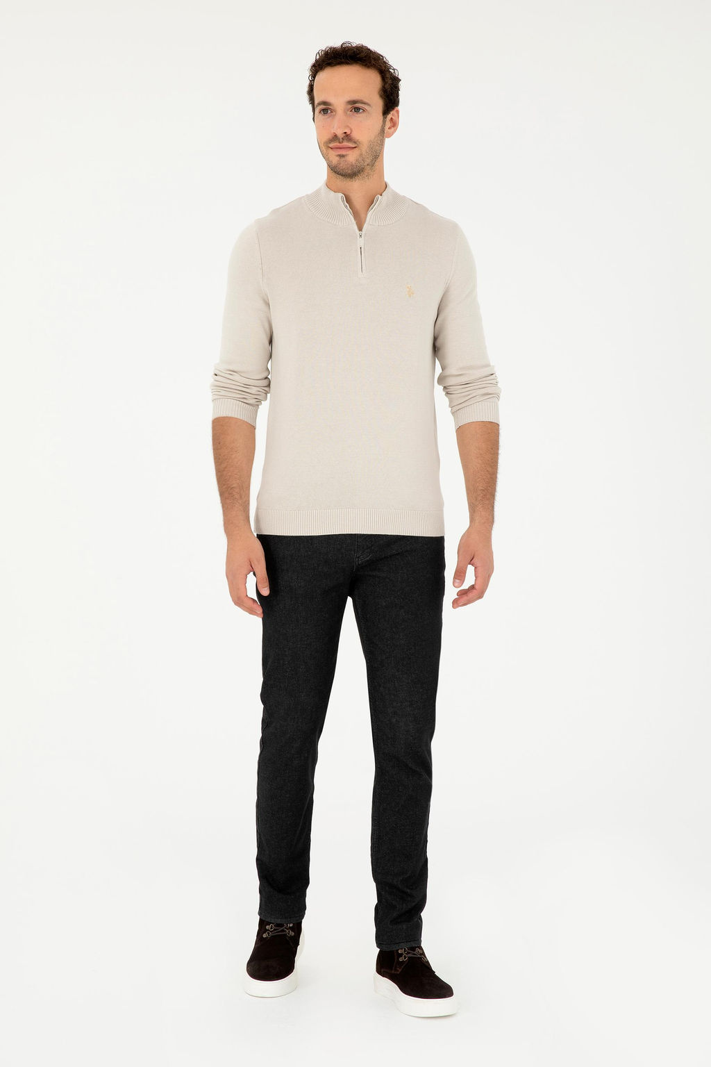 Erkek Slim Fit Yar_m Fermuarl_ Ta_ Basic Kazak