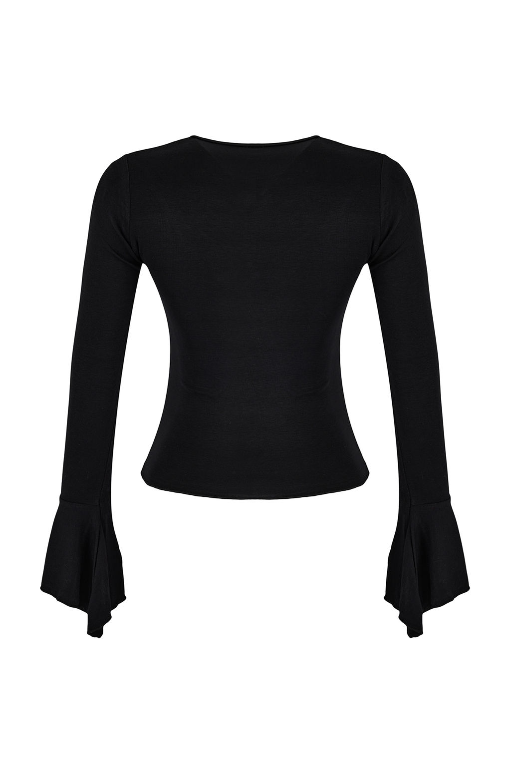 Siyah Fitted/Vucuda Oturan Uzun Kollu Volanl?/F?rf?rl? Yumusak Orme Bluz TWOSS26BZ00152