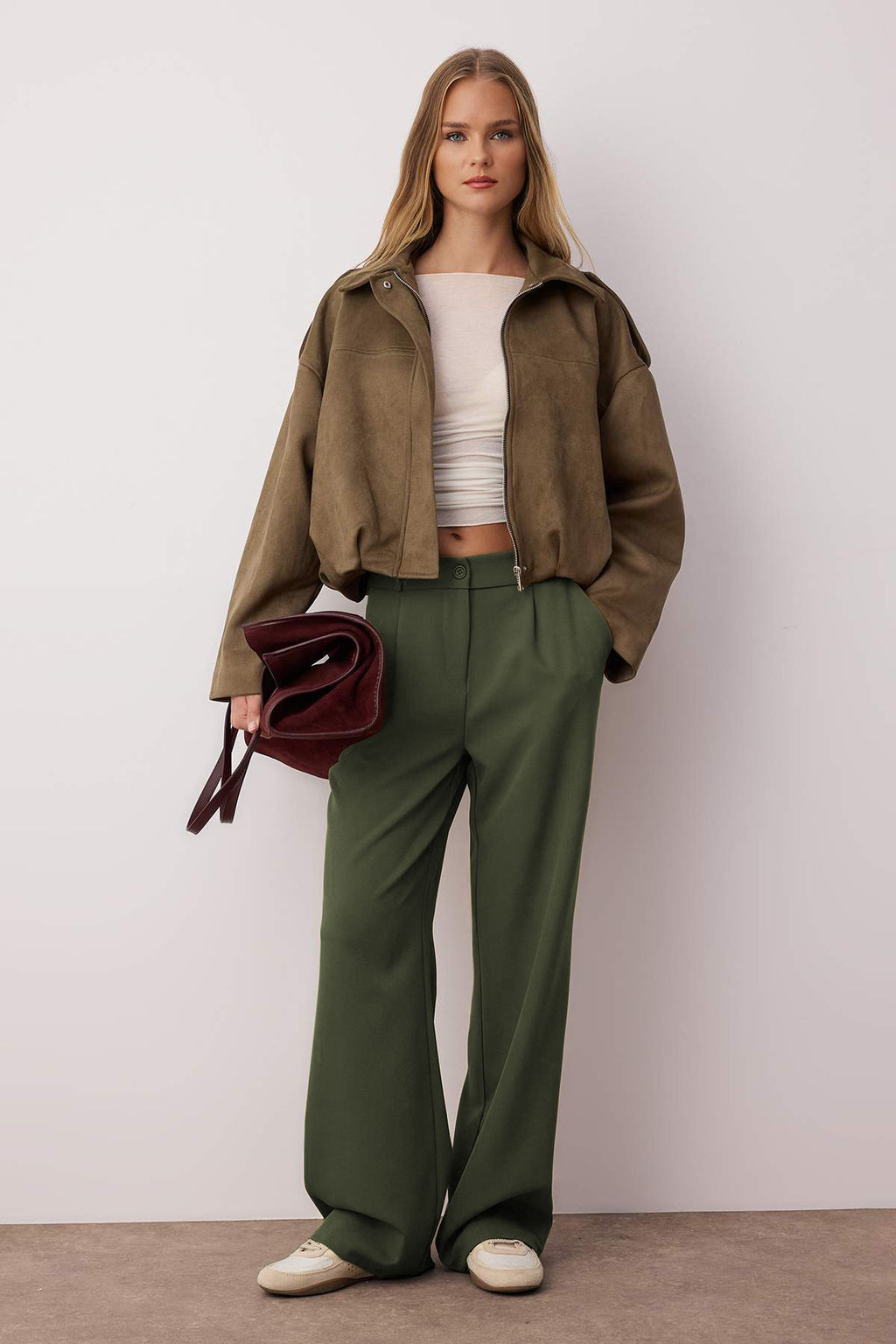 Ac?k Haki Yuksek Bel Wide Leg/Genis Paca Pilili Dokuma Kumas Pantolon TWOAW21PL0076