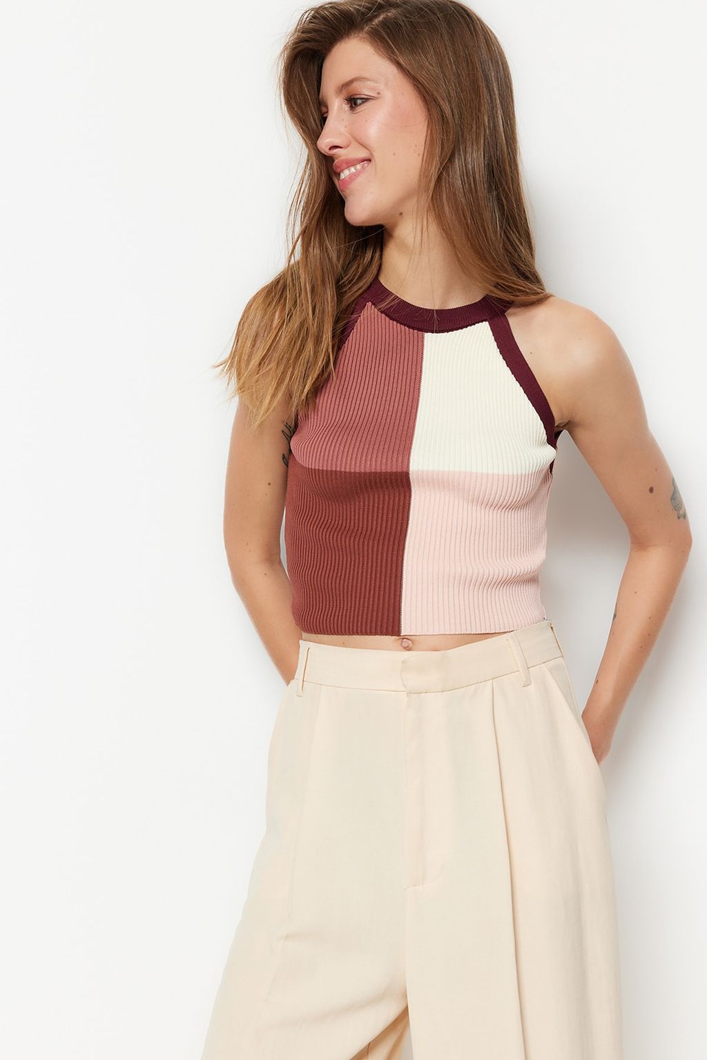 Murdum Crop Renk Bloklu Bluz TWOSS22BZ0402