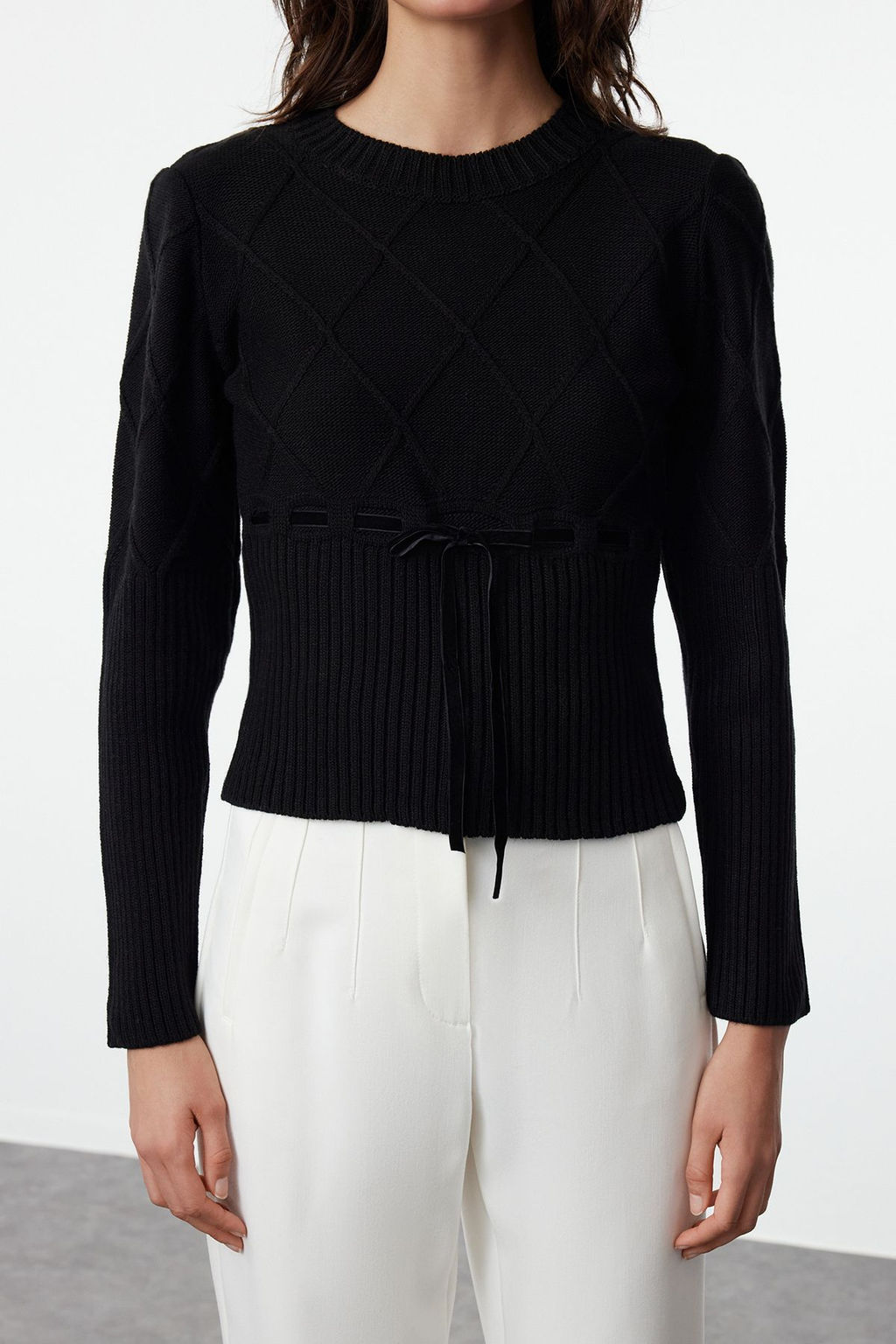 Siyah Kurdele/Fiyonk Detayl? Triko Kazak TWOAW25KZ00225 - Trendyolmilla фото 4