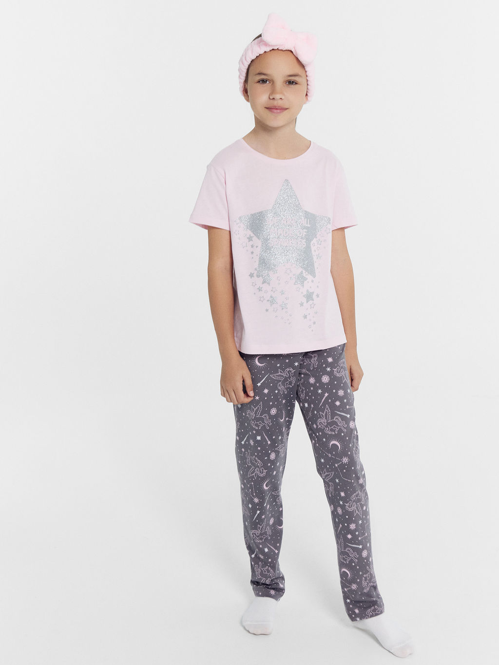 Комплект для девочек (футболка, брюки) розово-серая с созвездиями