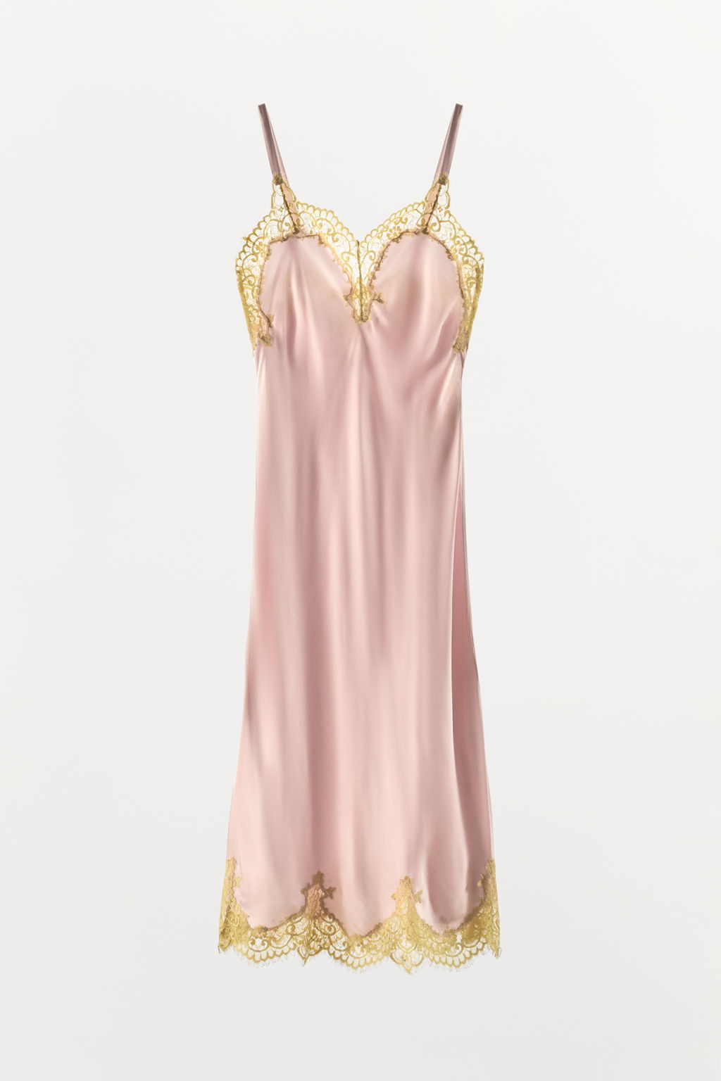 VESTIDO MIDI SATINADO ENCAJE / Rosa