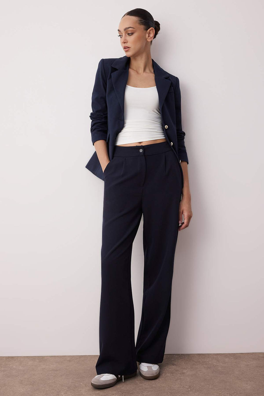 Lacivert Wide Leg/Genis Paca Dokuma Kumas Pantolon TWOAW22PL0139