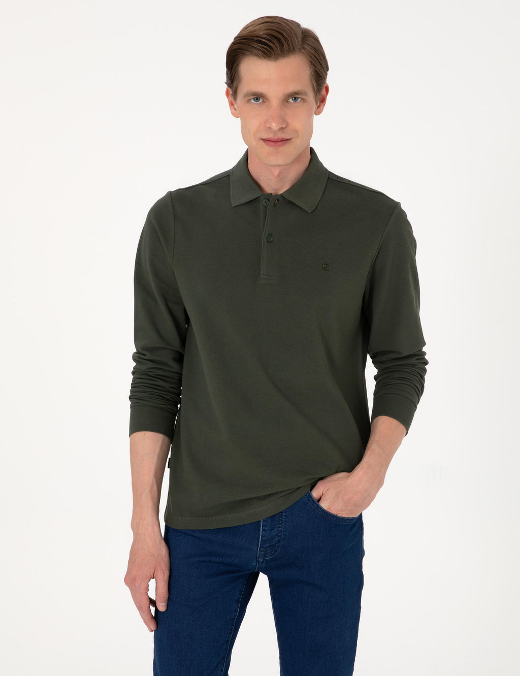 Koyu Ye_il Slim Fit K_vr_lmaz Polo Yaka Basic Pike Sweatshirt