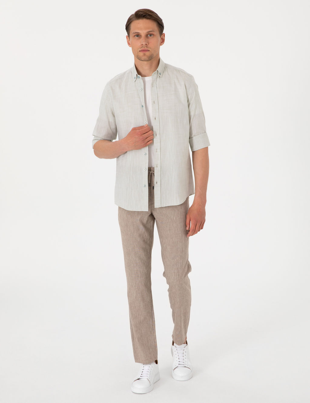 _a_la Keten G_r_n_ml_ Slim Fit Uzun Kollu G_mlek