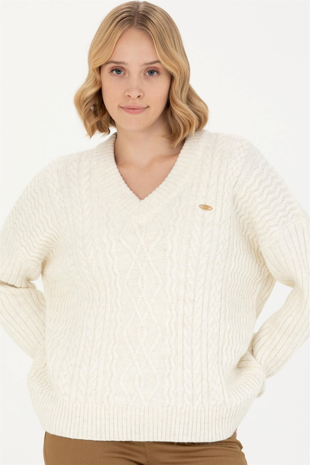 Женский кремовый свитер с v-образным вырезом Неожиданная скидка в корзине - U.s. polo assn фото 3