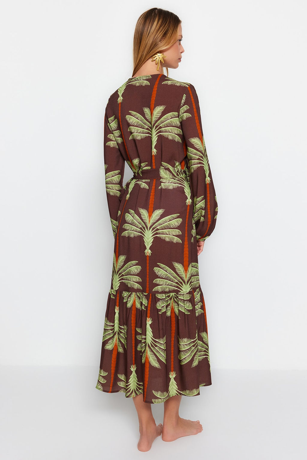 Tropikal Desenli Maxi Dokuma Plaj Kimono&Kaftan TBESS23KM00053 - Trendyolmilla фото 6