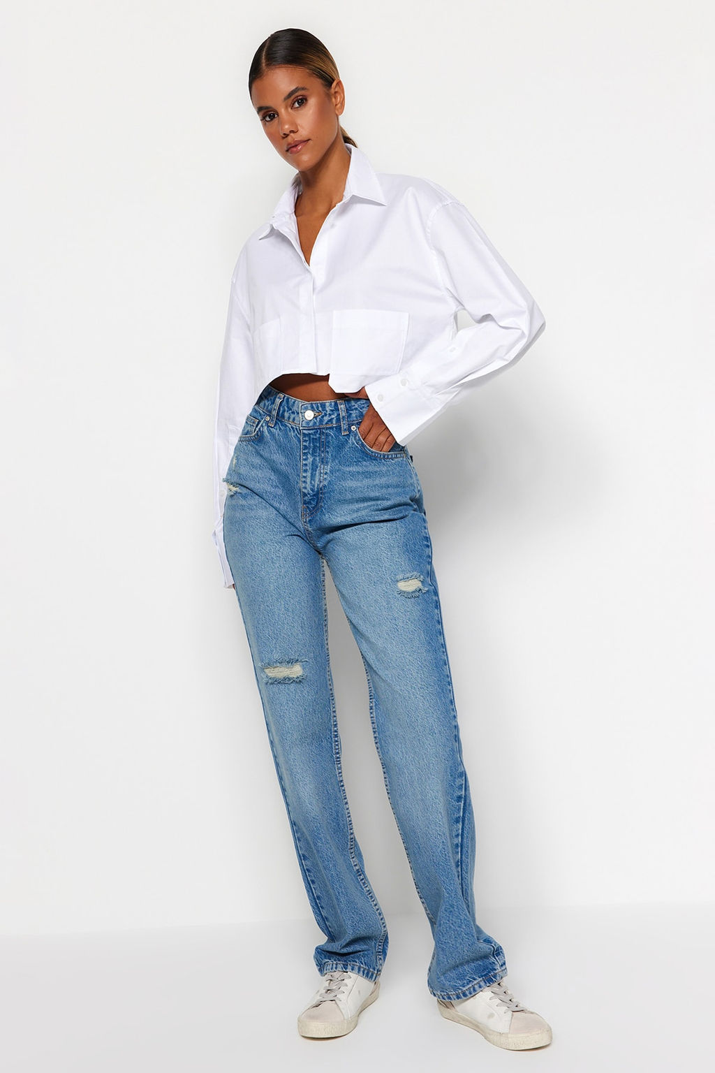 TRENDYOLMILLA Mavi Y?rt?kl? Yuksek Bel Uzun Straight Jeans TWOAW24JE00033