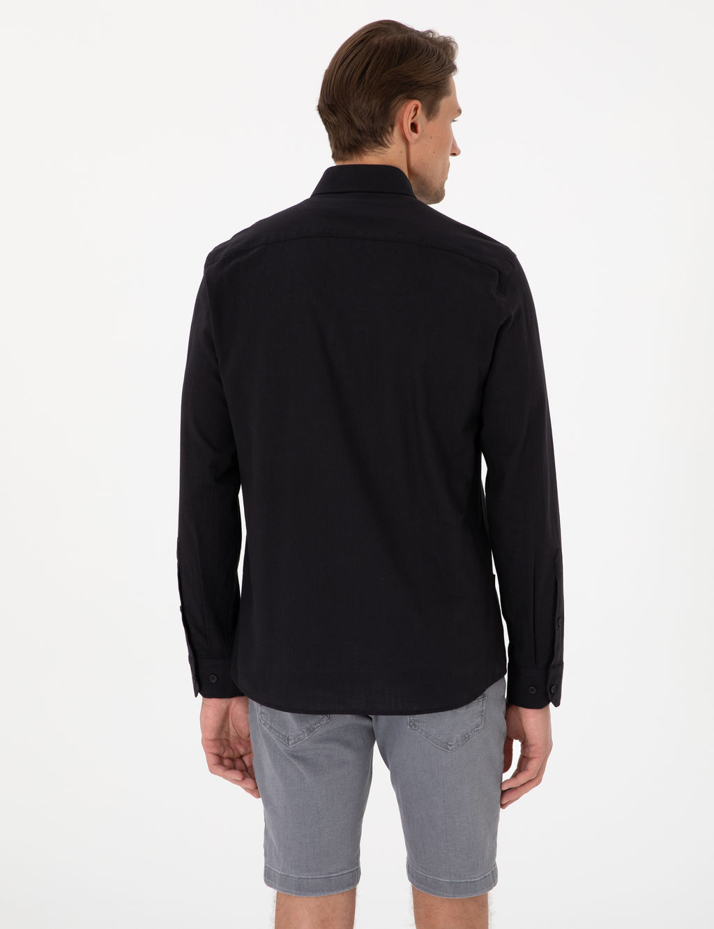 Siyah Keten G_r_n_ml_ Slim Fit Uzun Kollu G_mlek