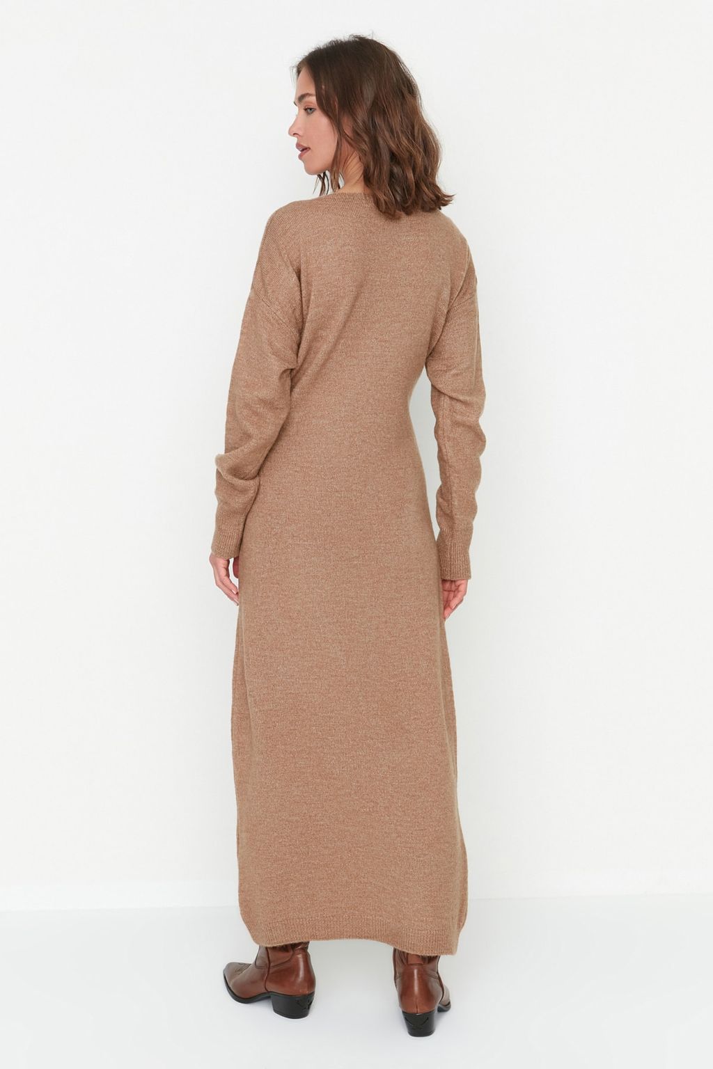 Camel Yumusak Dokulu Midi Triko Kruvaze Yaka Baglama Detayl? Elbise TWOAW21EL0260