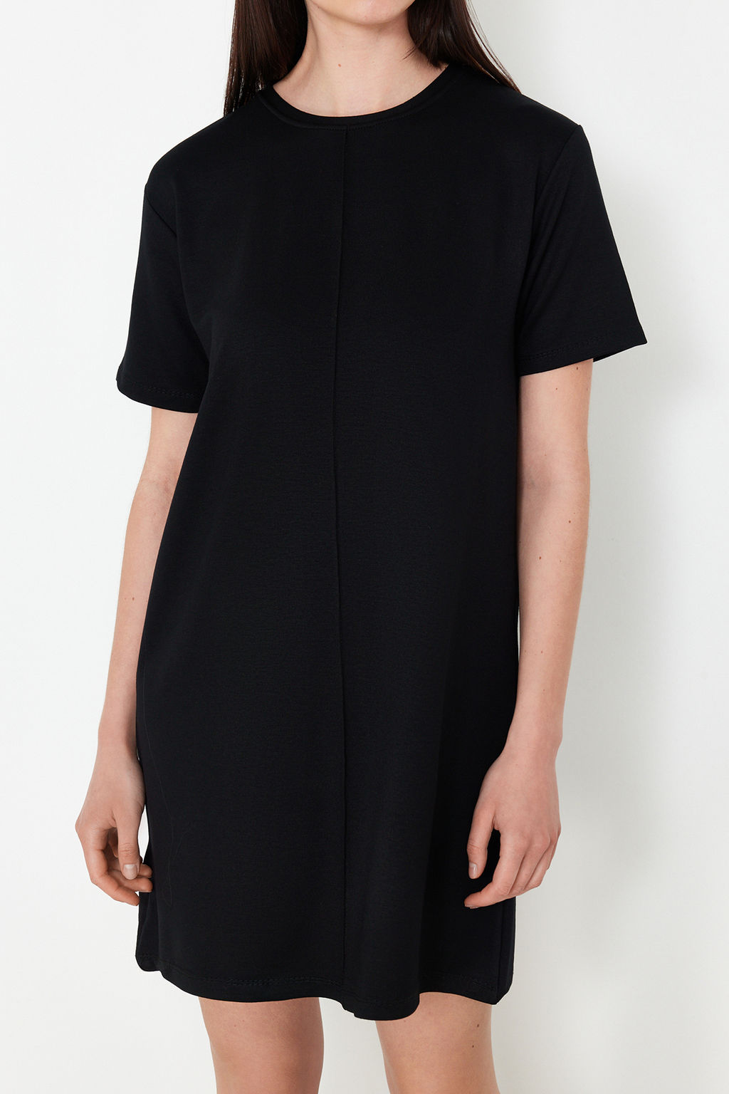 TRENDYOLMILLA Ekru Bisiklet Yaka K?sa Nervurlu Esnek Orme Mini T-shirt Elbise TWOSS24EL01013  фото 4