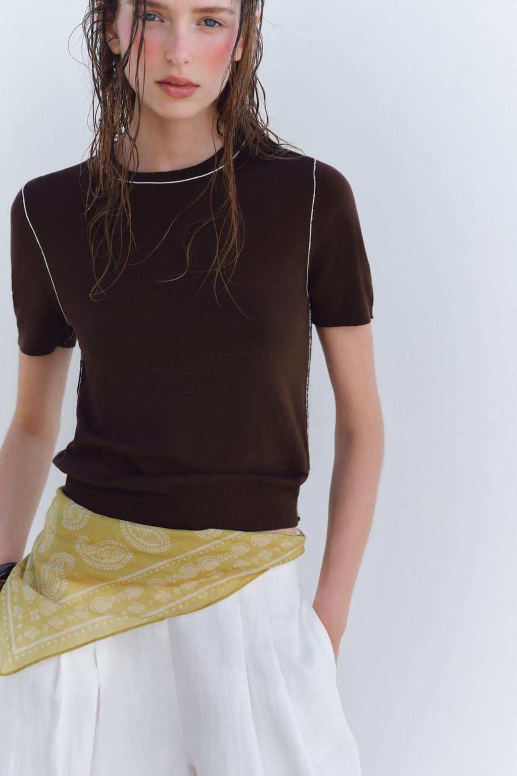 SHORT SLEEVE KNIT TOP WITH PIPING - Zara фото 47