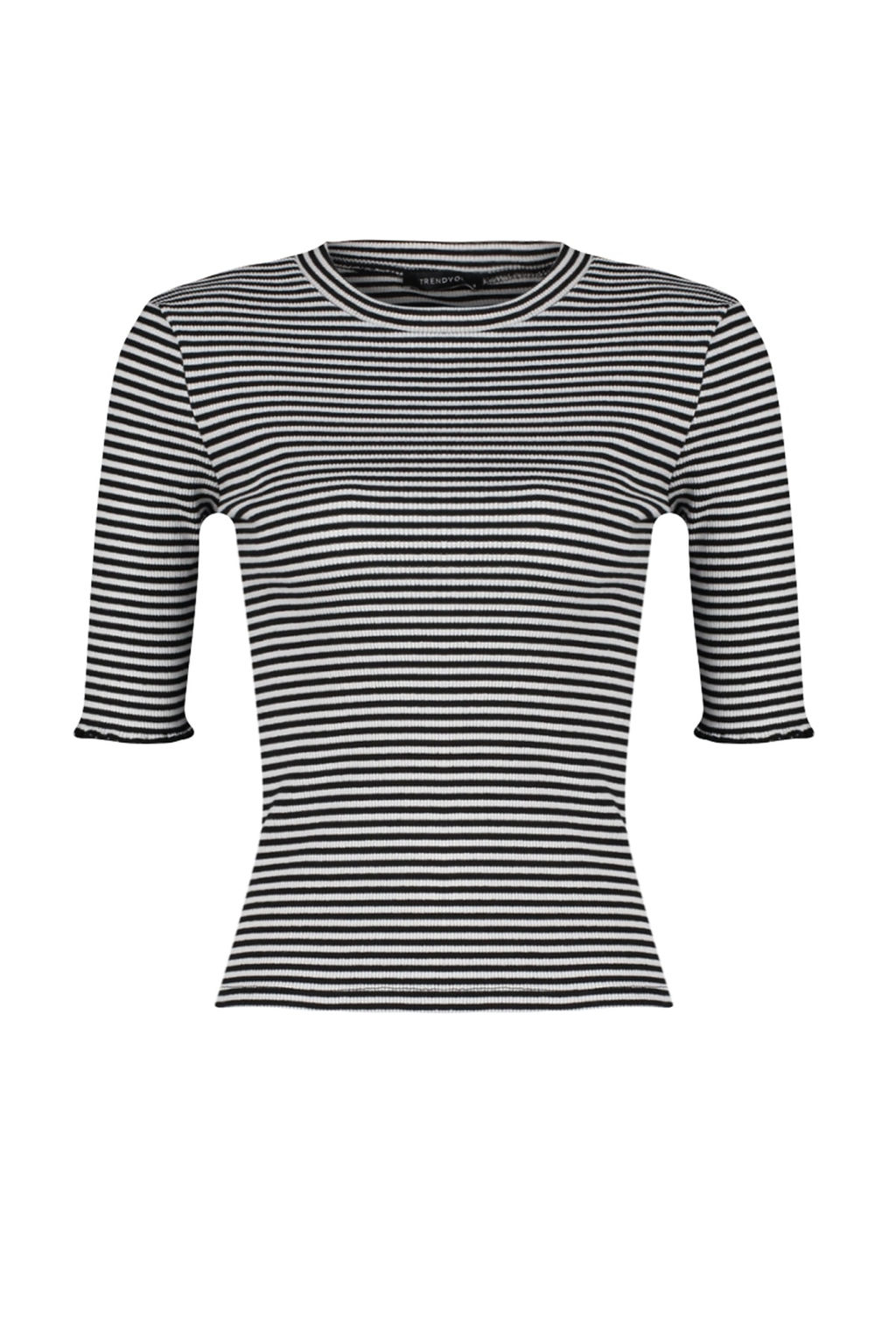 Siyah-Beyaz Cizgili Fitilli Fitted/Vucuda Oturan Bisiklet Yaka Esnek Orme Bluz TWOSS23BZ00025