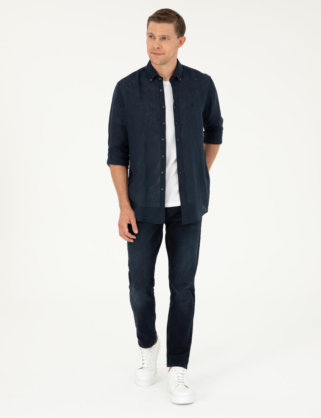 Lacivert Regular Fit %100 Keten G_mlek