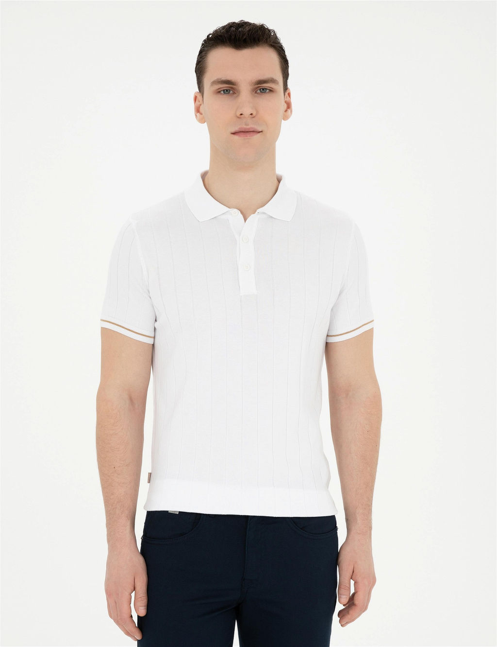 Ekru Slim Fit D__meli Polo Yaka Triko Ti__rt