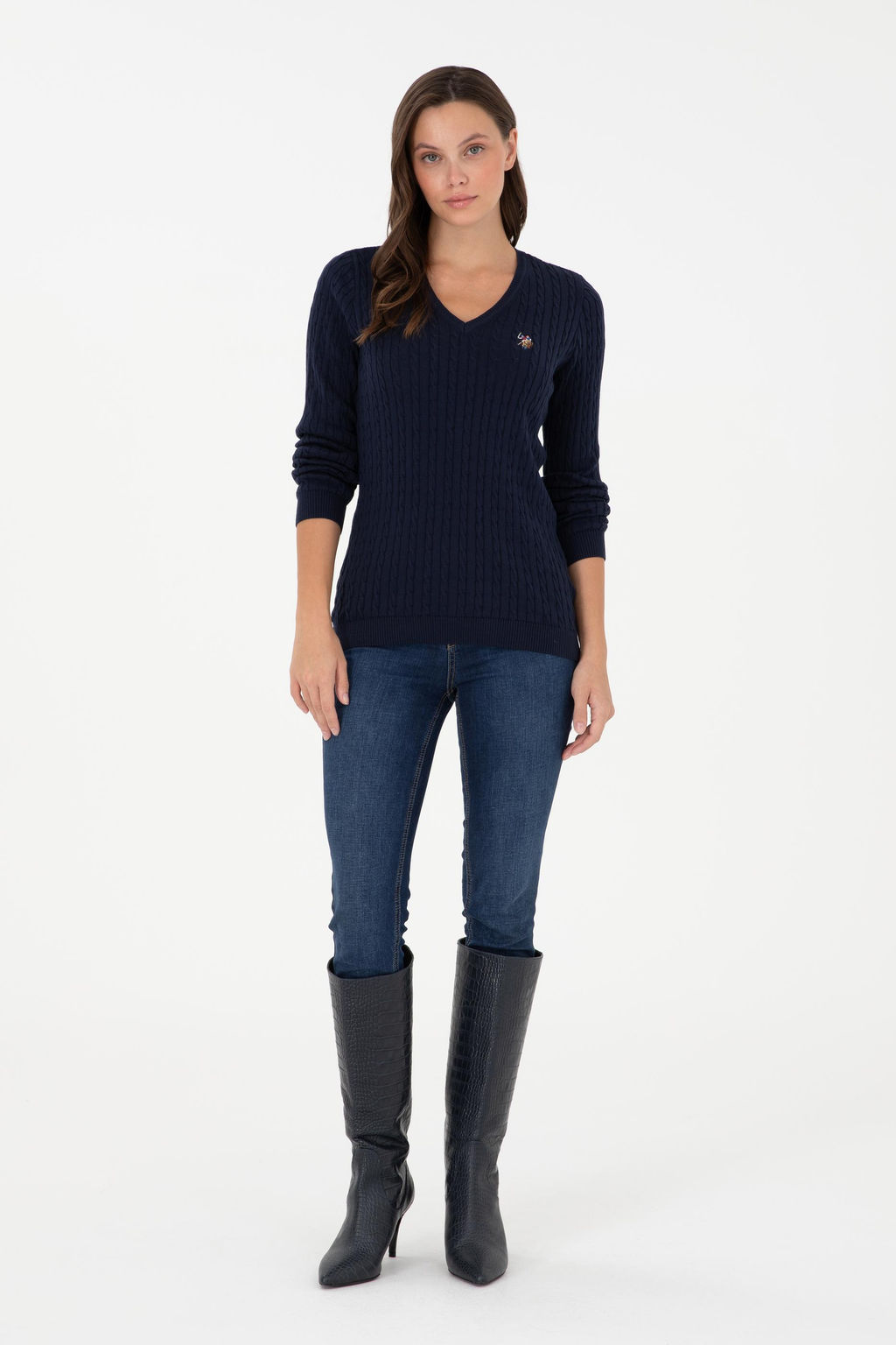 Женский темно-синий базовый свитер с v-образным вырезом Неожиданная скидка в корзине - U.s. polo assn фото 4