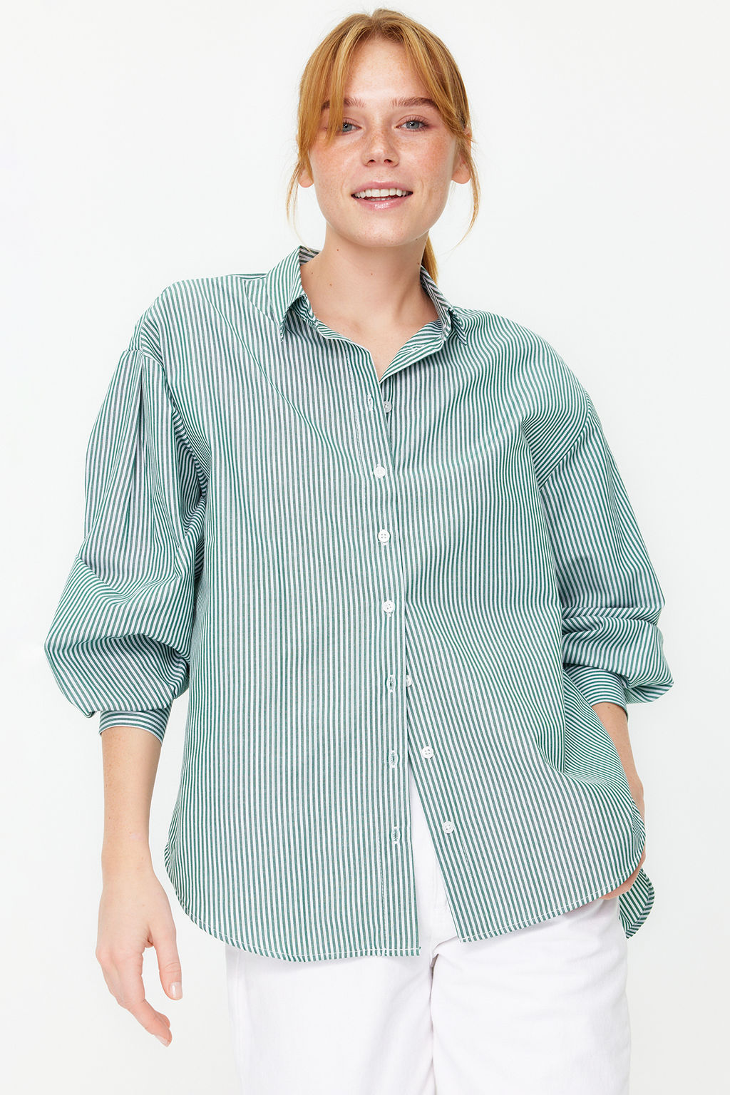 TRENDYOLMILLA Mavi Cizgili Oversize/Genis Kal?p Dokuma Gomlek TWOSS23GO00144  фото 3