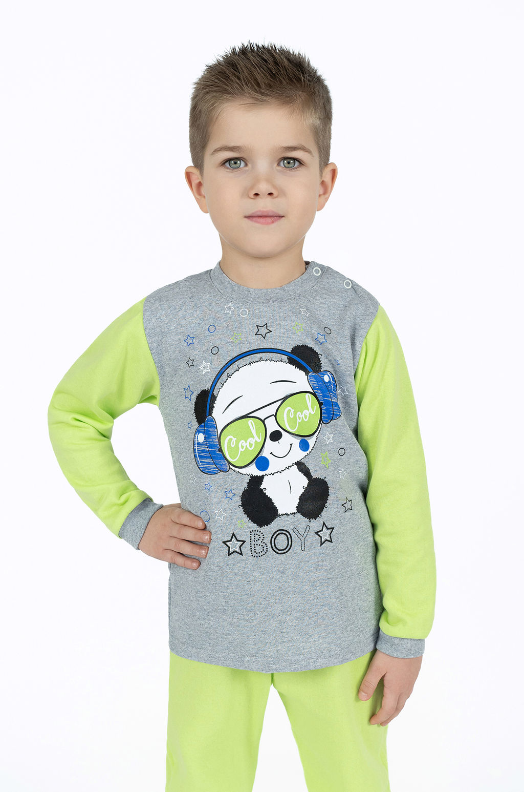 Костюм детский салатовыймеланж панда в наушниках