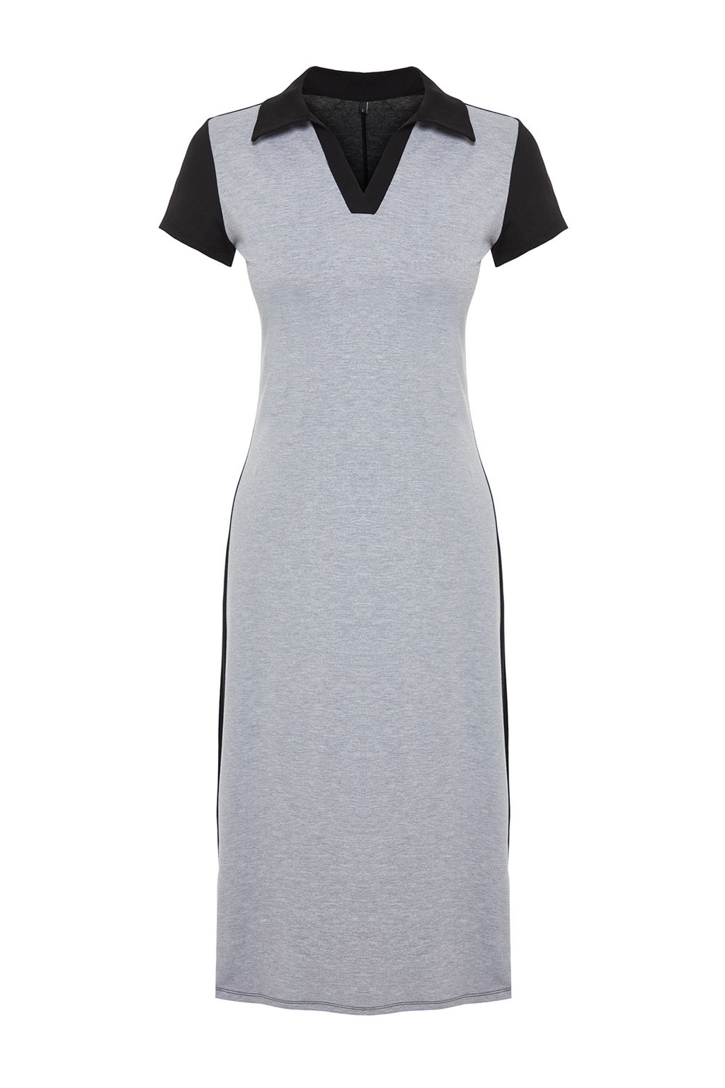 Siyah Polo Yaka Renk Bloklu Skater/Belden Ac?lan Pamuklu Esnek Orme Midi Elbise TWOSS24EL00480