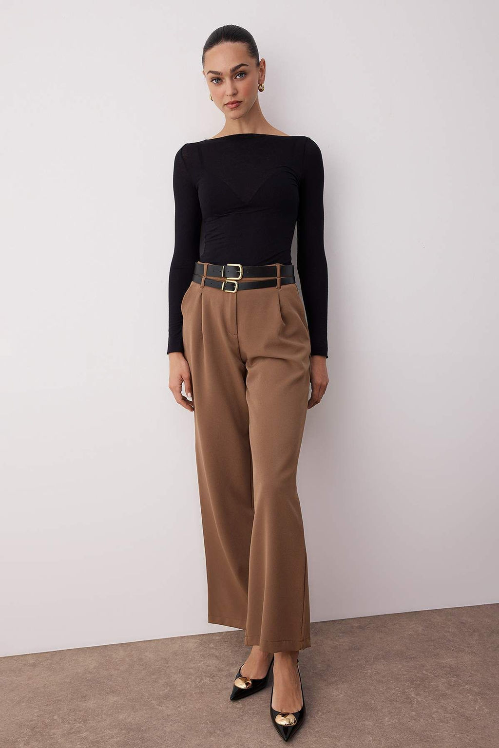 Vizon Cift Kemer Detayl? Wide Leg/Genis Paca Pantolon TWOAW26PL00013 - Trendyolmilla фото 3