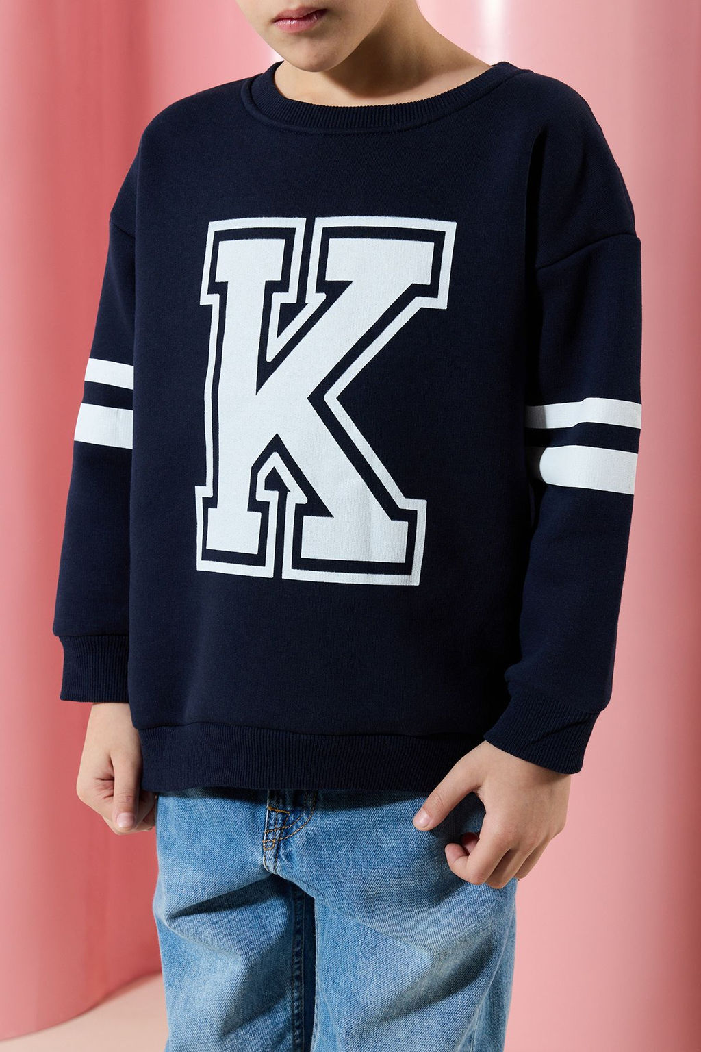 Lacivert*001 Erkek Cocuk Bask?l? Okul Pamuklu Orme Sweatshirt TKDAW25SW00014