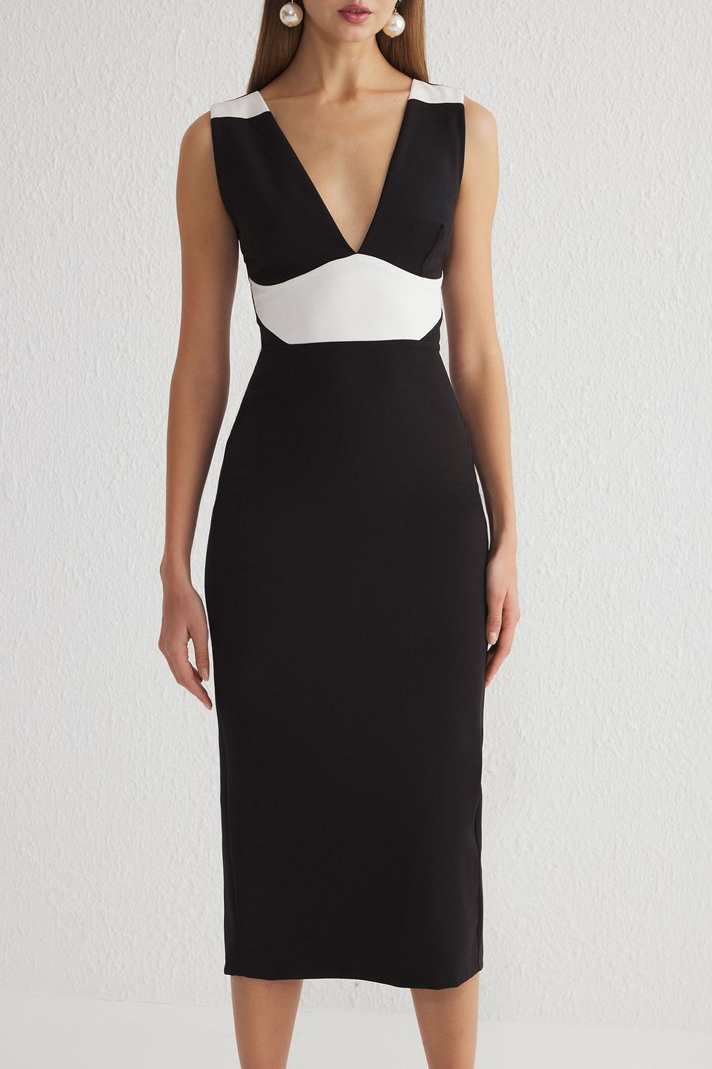 Siyah Beyaz V Yaka Dokuma Dugun/Nikah Uzun S?k Abiye Gece Mezuniyet Elbisesi TPRSS25EL00013 - Trendyolmilla фото 3