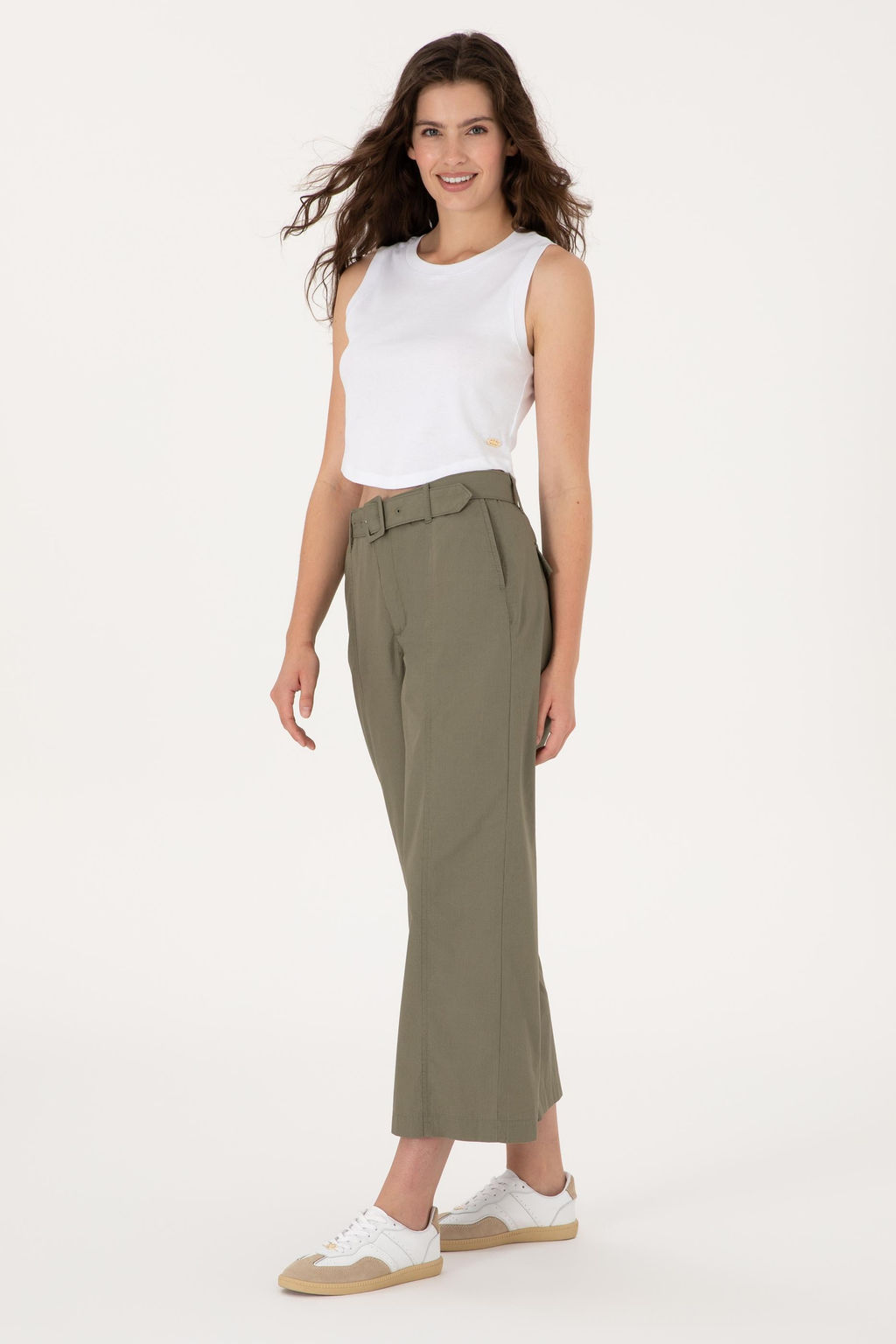Kad_n Koyu Haki Flare Cropped Fit Kanvas Pantolon