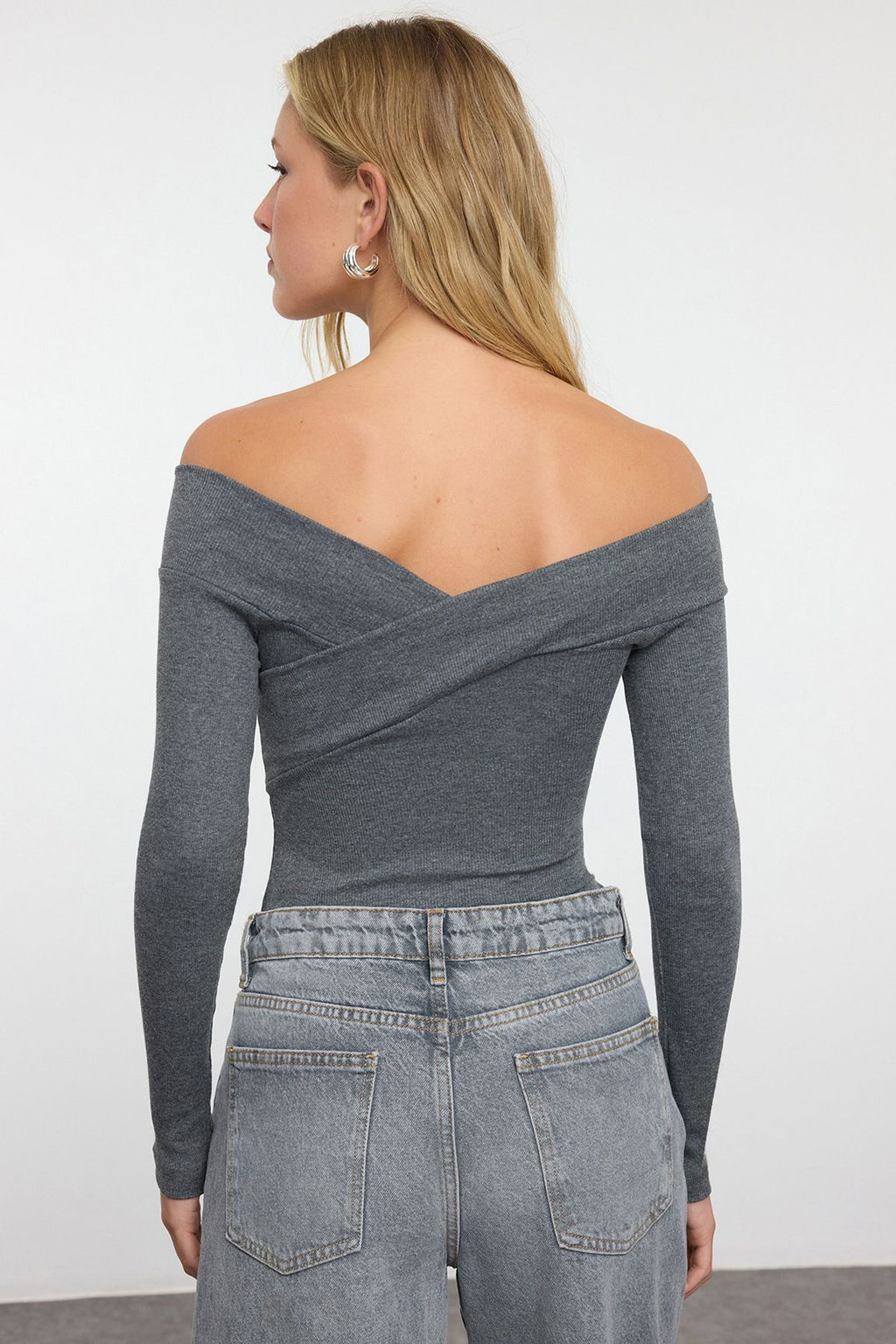 Koyu Gri Carmen Yaka Fitilli Alttan C?tc?tl? Esnek Orme Body TWOAW21BD0053