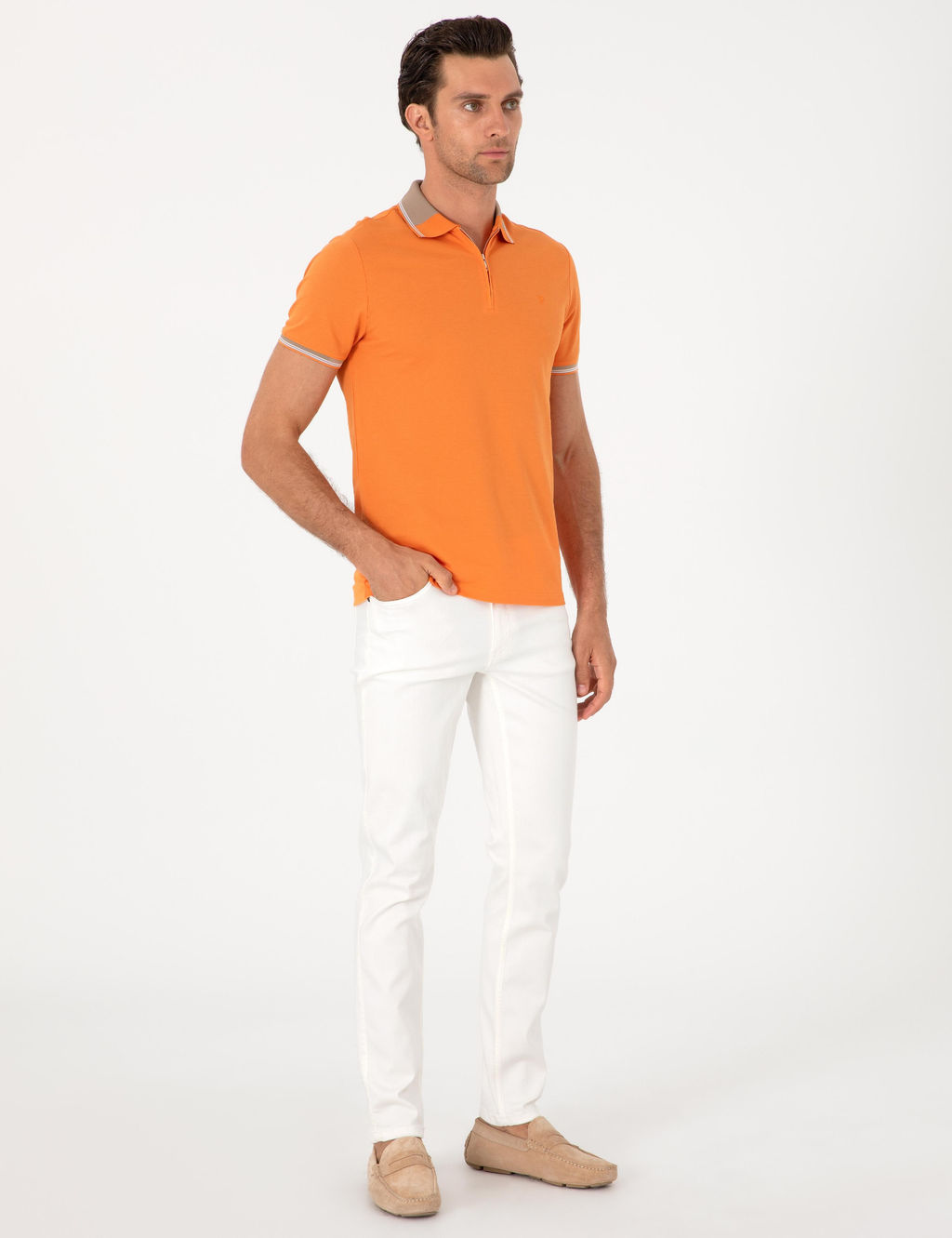 Turuncu Slim Fit %100 Pamuk Fermuarl_ Polo Yaka T-shirt - Cacharel фото 4
